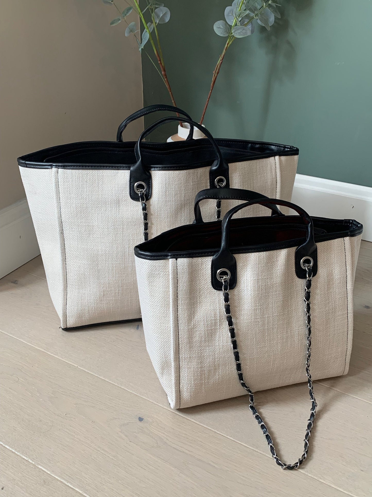Cream & Black Monogrammed Tote Bag
