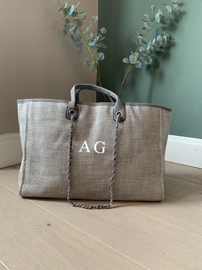 Grey Monogrammed Tote Bag