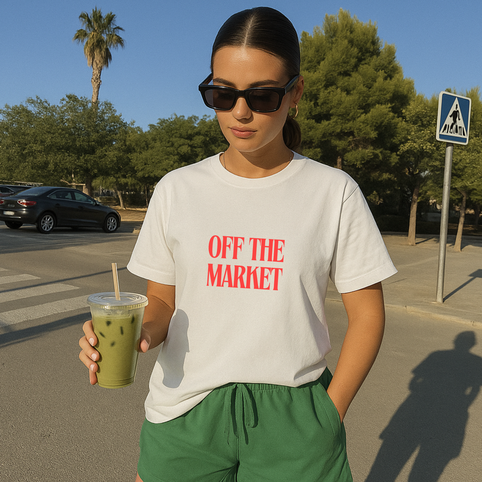 Person wearing a white t-shirt with 'OFF THE MARKET' text and green shorts.
