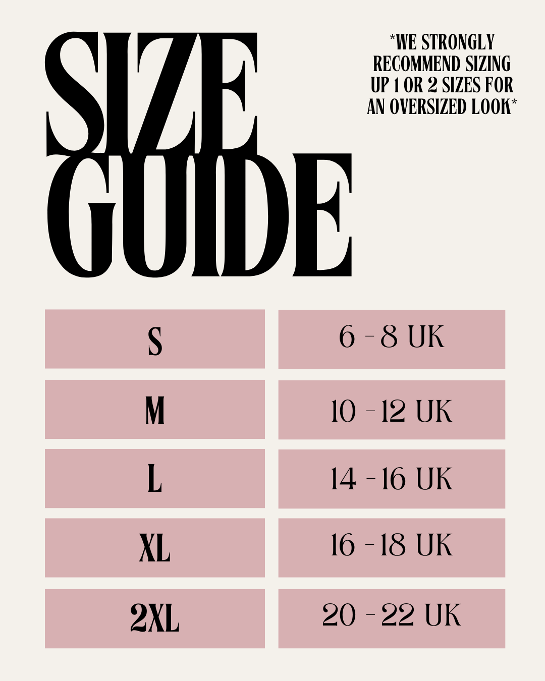 Size guide chart with UK size ranges on a white background