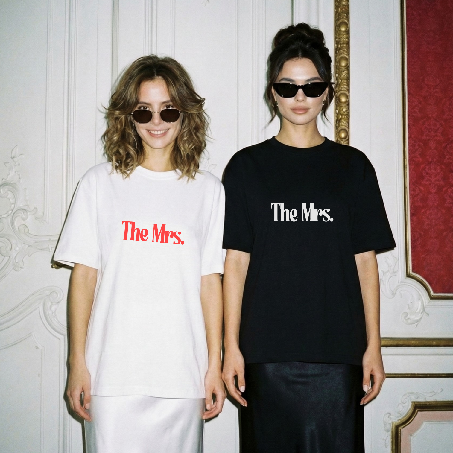Two women wearing 'The Mrs.' t-shirts in a decorative interior setting.