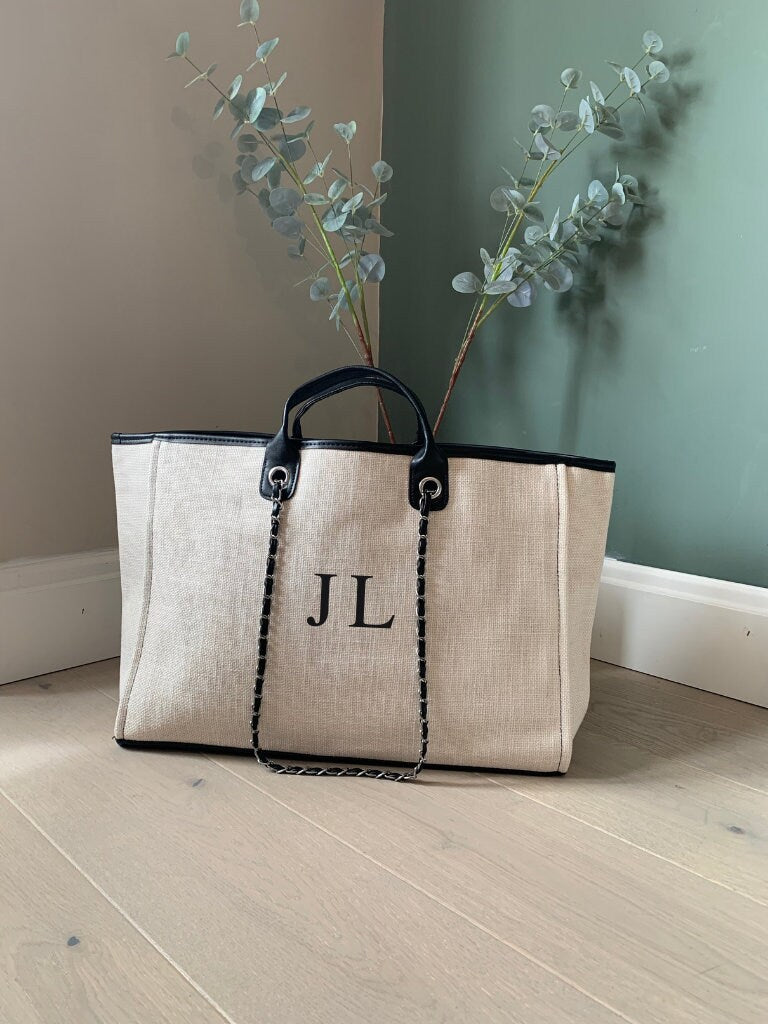 Cream & Black Monogrammed Tote Bag