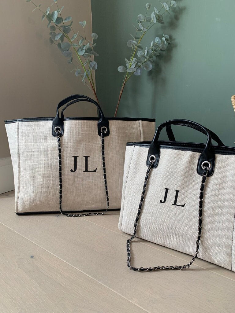 Cream & Black Monogrammed Tote Bag